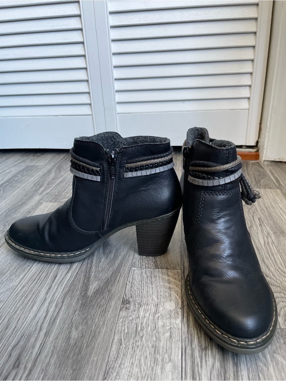 Rieker Black Leather Ankle Booties with Braided Strap Detail